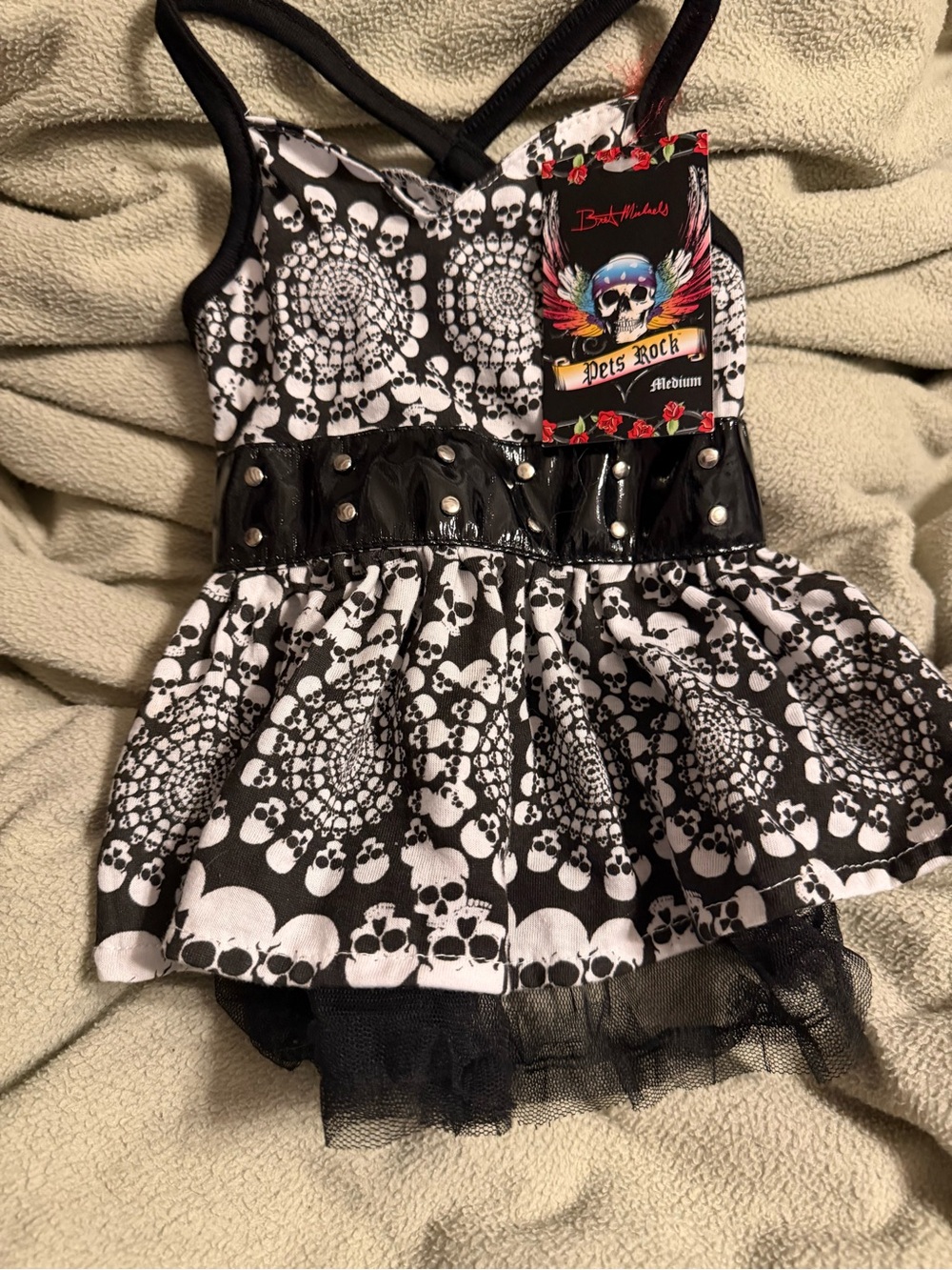 Betsey Johnson Black & White Skull-Print Pet Dress with Studded Waist
